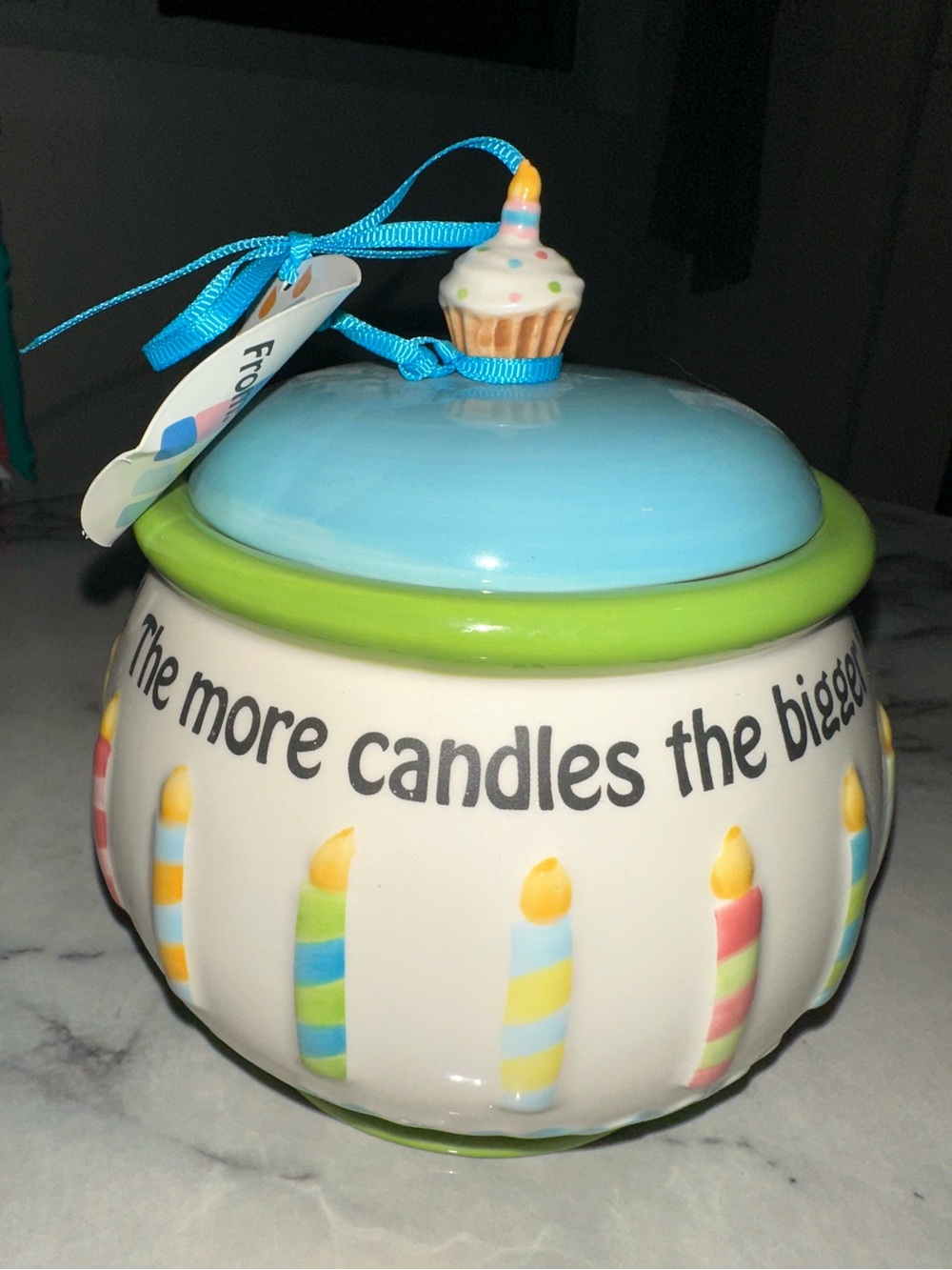 Mud Pie Ceramic Birthday Candle Jar in Blue, Green & Cream
